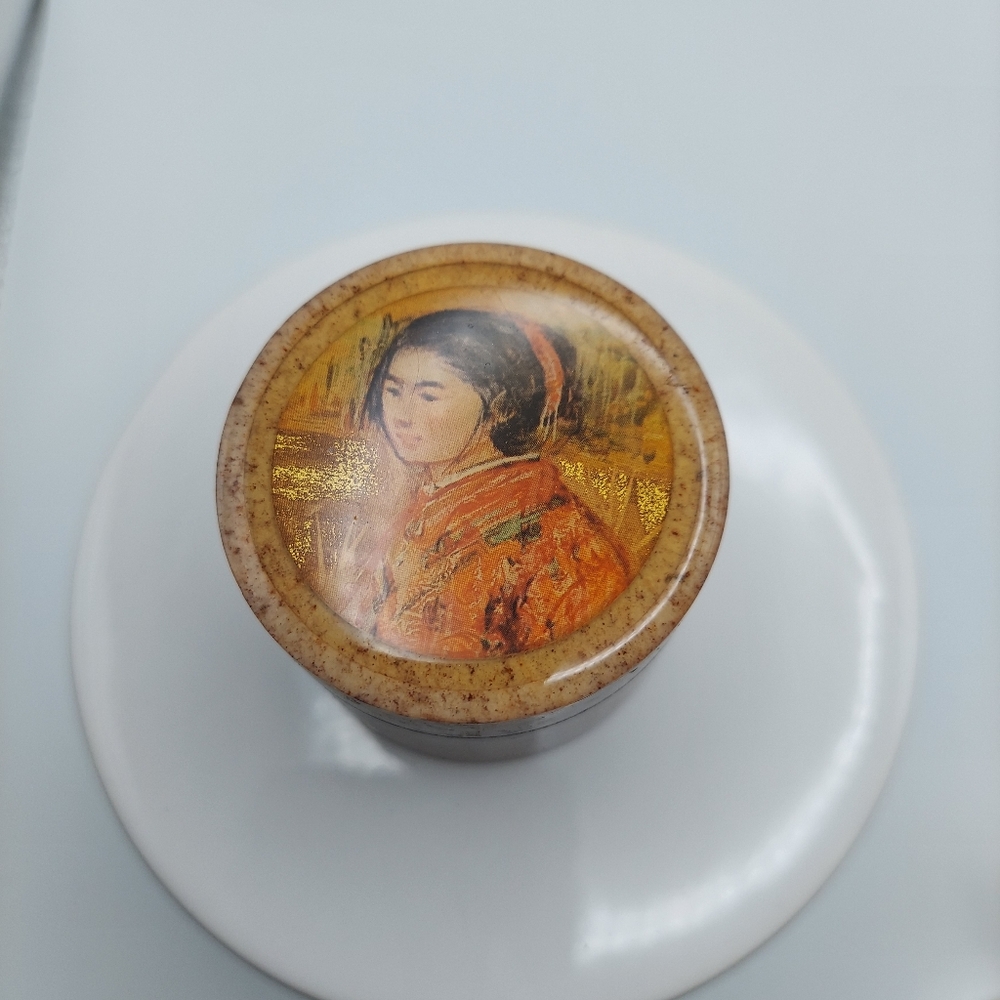 Vintage Stone Trinket Box with Young woman signed Hehel